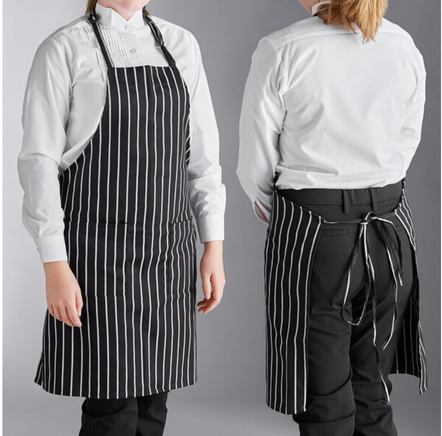 Choice Black and White Chalk Stripe Adjustable Bib Apron with 2 Pockets - 32" x 30"